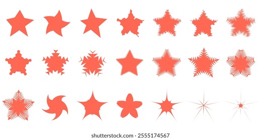 Big set of stars in different shapes. Flat vector elements for your design. Each isolated on white background.