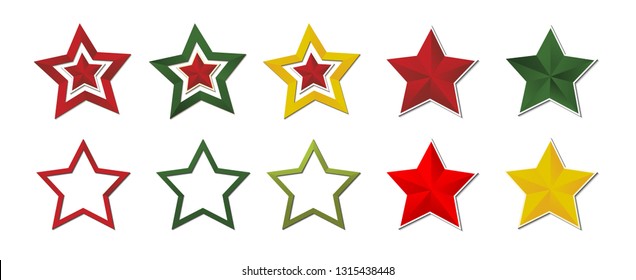 Big set. Stars on a light, white background. Russian, military star. Red, yellow, green. Holiday design element for postcard, banner, web, design.