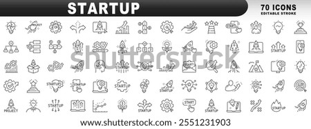 Big set of startup related line icons. Launch, rocket, project, development etc. Editable stroke