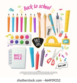 Big Set Of Stationery For School, Office And Handmade In Cartoon Style. Goods For Children Creativity