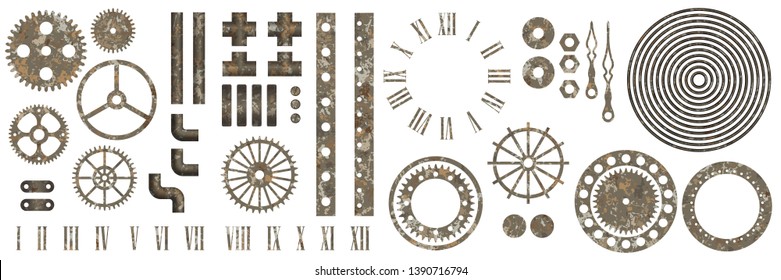 Grosses Set aus Stahlgetriebe-Kollektion mit Roststruktur