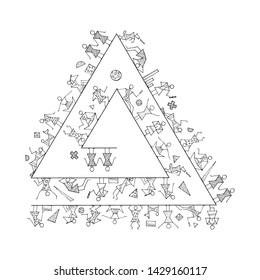 Big set of stick figures on a triangular spiral for infographics. Includes small geometric elements. People lifestyle. Cartoon icons set. Sketch Hand drawn vector illustration isolated on white