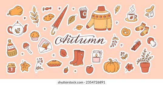 Big set of sticker with autumn elements in doodle style.