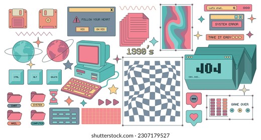 Big set of sticker elements in 1990 retro pc style. Aesthetics of an old computer. Retro PC elements, user interface. Vector illustration.