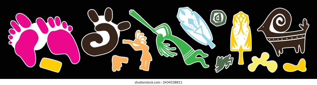 Gran conjunto de pegatina étnica de mano dibujado varias formas coloridas y objetos de garabato. Ilustración vectorial moderna moderna abstracta. Todos los elementos están aislados