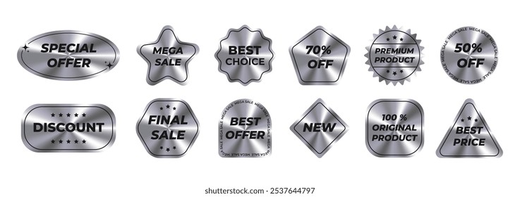 Big set sticker with a holographic effect. Hologram various geometric shapes. Set of tags with metal texture Final Sale, 100% Original, Best Offer, Discount, Best Price, Premium Product,  50%, 70%