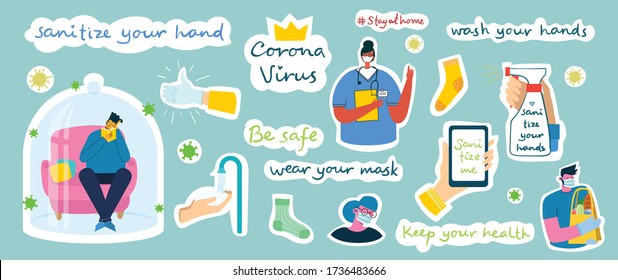 Big set of sticker vector elements. Wash hands, hygiene, healthcare, spray sanitizer. Protect against coronavirus concept design. Modern vector illustrations in flat style.