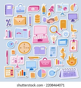 Big set of stickers about business with hand drawn clipart. Vector doodle illustrations isolated. Briefcase, lamp, money and finances, laptop, computer, planner, calendars, target, deadline, chart.