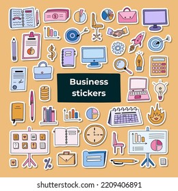 Gran conjunto de stickers sobre negocios con clipart dibujado a mano. Ilustraciones de doodles vectoriales aisladas. Maletín, lámpara, dinero y finanzas, laptop, computadora, planificador, calendarios, objetivo, fecha límite, gráfico.