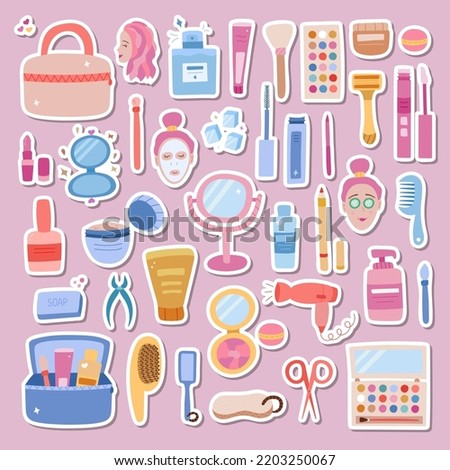 Big set of stickers about natural woman beauty, skincare for planners. Ready for print list of cute stickers. Cosmetic products, accessories, bottles. Hand drawn vector isolated set of illustrations.