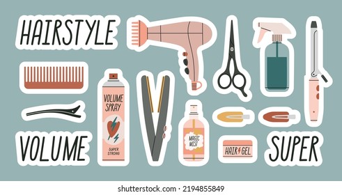 Gran conjunto de pegatinas con atributos de proceso de peinado. Incluye frases e ilustraciones. Productos y equipamiento para cortes de pelo y cuidado de pelo en salón o en casa. Ilustración vectorial dibujada a mano.