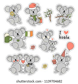 Big set stickers badges with cute koala bear in different poses. I love koala. Trendy patches with happy animals. 