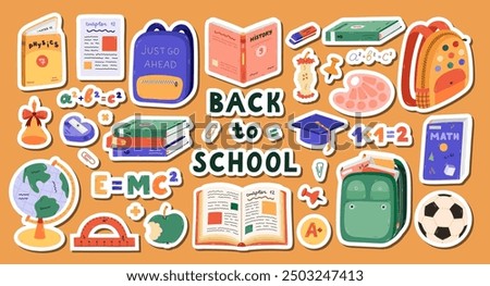 Big set of stickers cartoon back to school clipart for planners, notebooks. Ready for print list of cute stickers. Hand drawn collection of schoolbag, textbook, globe, cute stationery, soccer ball.