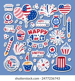 Big set of stickers with cartoon patriotic symbols of USA Independence day for planners, notebooks. Ready for print list of cute stickers. Fireworks, hat, medal, cupcake, balloons, flag, lettering