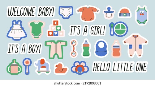 Big set of stickers with clothes, toys and products for newborn babies. Includes phrases and illustrations. Baby Shower or Birthday concept. Cute vector illustrations isolated on blue background.