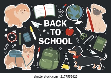 Big set of stickers with cute dogs at school. Lettering Back to school. Baby vector illustration.