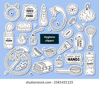 Big set of stickers with cute hygiene items, bathroom and shower accessories. Collection of hand drawn clipart with products for skincare, beauty and body care, self love in trendy doodlestyle.
