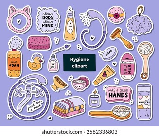 Big set of stickers with cute hygiene items, bathroom and shower accessories. Collection of hand drawn clipart with products for skincare, beauty and body care, self love in trendy doodlestyle.