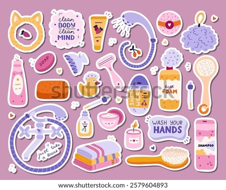 Big set of stickers with cute hygiene items, bathroom and shower accessories. Collection of hand drawn clipart with products for skincare, beauty and body care, self love in trendy cartoon style.
