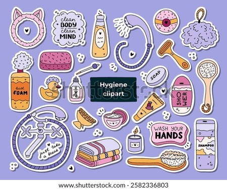 Big set of stickers with cute hygiene items, bathroom and shower accessories. Collection of hand drawn clipart with products for skincare, beauty and body care, self love in trendy doodlestyle.