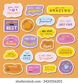 Big set of stickers with cute inspirational and compliment quotes for planners, notebooks. Ready for print list of cute stickers. Handwritten lettering love and motivational phrases.