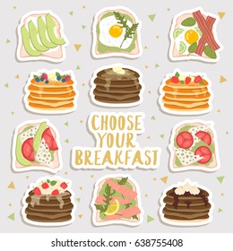 big set of stickers of cute pancakes and toasts of different flavors. choose your breakfast page