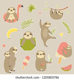 Big set of stickers with cute sloth. Animal character design