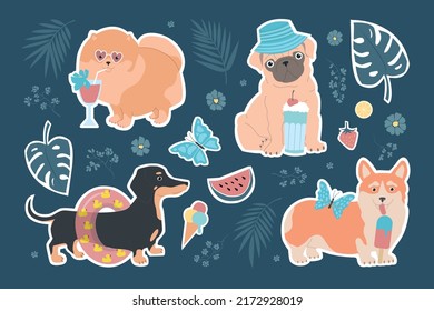 Big set of stickers with dogs. Summer funny vector illustration for kids. Dachshund, pomeranian, pug and corgi on summer vacation. Palm leaves, ice cream, watermelon, cocktails, butterflies, flowers.