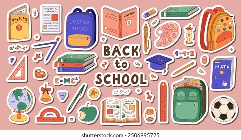 Big set of stickers doodle back to school clipart for planners, notebooks. Ready for print list of cute stickers. Hand drawn collection of schoolbag, textbook, globe, cute stationery, soccer ball.