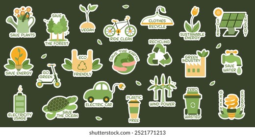 Big set of stickers with ecology elements. Environmental protection. Save the Earth, plants, forests. Preserve the ecology of the planet. Eco friendly. Sustainable living concept. Green energy.