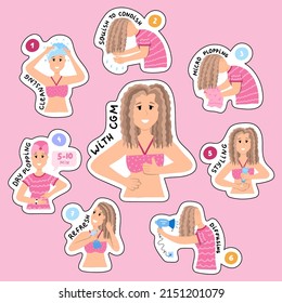 Big Set Of Stickers Of Hair Care Process For Curly Girl Method For Planners, Notebooks. Ready For Print List Of Cute Stickers. Curly Hair Routine In Steps For Curly, Wavy And Frizzy Hair.