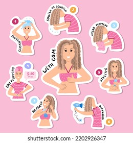 Big Set Of Stickers Of Hair Care Process For Curly Girl Method For Planners, Notebooks. Ready For Print List Of Cute Stickers. Curly Hair Routine In Steps For Curly, Wavy And Frizzy Hair.