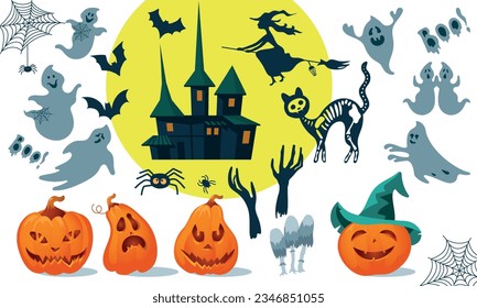 Big set of stickers for Halloween in cartoon style. Pumpkins, ghosts, witch, cat, castle, spiders, bats, flat. vector illustration, clipart.