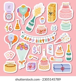 Big set of stickers with hand drawn birthday clipart for planners, notebooks. Ready for print list of cute stickers. Trendy holiday elements, party decoration, cake, candle, gift, balloon, party hat.