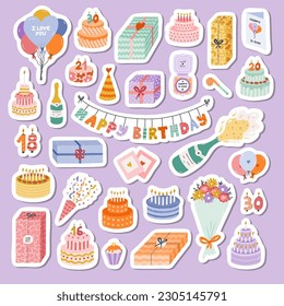 Big set of stickers with hand drawn birthday clipart for planners, notebooks. Ready for print list of cute stickers. Trendy holiday elements, party decoration, cake, candle, gift, balloon, party hat.