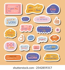 Big set of stickers with handwritten lettering with motivational. cheering phrases for planners, notebooks. Ready for print list of cute stickers. Inspirational typography for good job, achievement.