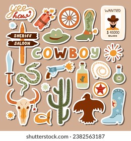 Big set of stickers with illustrations on Wild West and cowboy theme for planners, notebooks. Ready for print list of cute stickers. Hand drawn simple vector doodles with symbols of Texas, cowgirl