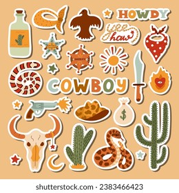 Big set of stickers with illustrations on Wild West and cowboy theme for planners, notebooks. Ready for print list of cute stickers. Hand drawn simple vector doodles with symbols of Texas, cowgirl