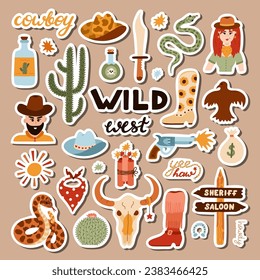 Big set of stickers with illustrations on Wild West and cowboy theme for planners, notebooks. Ready for print list of cute stickers. Hand drawn simple vector doodles with symbols of Texas, cowgirl