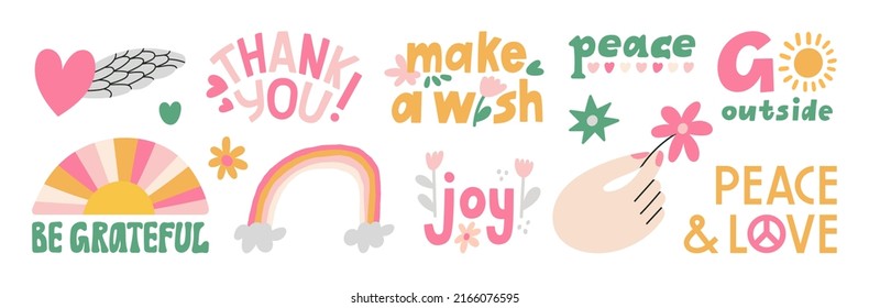 Big set of stickers with kindness, love and support motifs. Includes phrases and illustrations. Love, Gratitude, Peace concept.
Cute vector illustrations isolated on white background. Made with love.