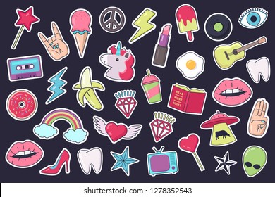 Big Set Of Stickers, Patches, Badges In Cartoon Comic Style Of 80s-90s. Vector Illustration.