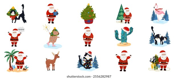 Big set stickers of Santa Claus and Christmas symbols and elements. Flat New Year Vector illustration