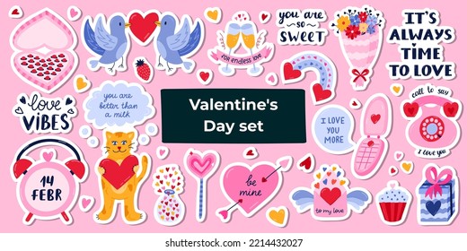 Big set of stickers for St. Valentine's day. Clipart and lettering set with hand drawn isolated vector. Holiday, love, romance concept. Letter, gift, sweet, champagne, phone, rainbow, clock, flower.