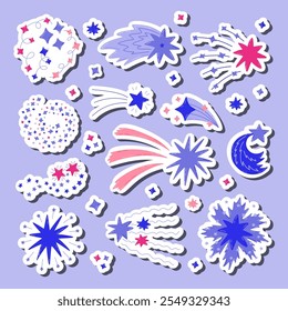 Big set of stickers of star dust, spiral twinkle cloud, falling star for planners, notebooks. Ready for print list of cute stickers. Sparkling magical lights, comet shower in hand drawn cartoon style.