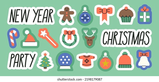 Big set of stickers with symbols of Christmas - the best family holiday of the year! Happy New Year and Merry Christmas concept. Includes phrases and illustrations. Hand drawn vector illustration.