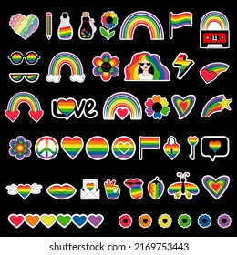 Big set stickers symbols of LGBT community. LGBTQ pride month vector icons, lesbian, pride flags, retro rainbow, love elements, heart and rainbow signs, gay pride month, groovy celebration. Isolated.