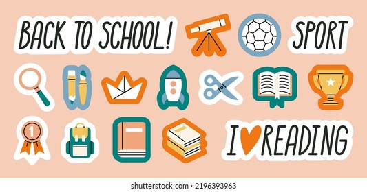 Big set of stickers with symbols of school and education. Equipment for different lessons - arts, music, science, sport etc. Includes phrases and illustrations.
Hand drawn vector illustration.