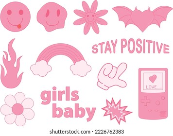 Big set of stickers in trendy y2k style. Fashionable stickers of the 1990s and 2000s. Monochrome palette.