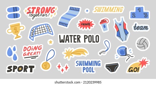 Big set of stickers with water polo equipment and motivational quotes. Vector illustration with water sport and swimming pool  attributes. Colorful hand drawn design concept.  