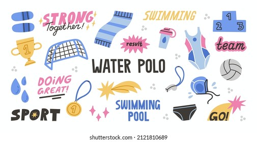 Big set of stickers with water polo equipment and motivational quotes. Vector illustration with water sport and swimming pool  attributes. Colorful hand drawn design concept.  